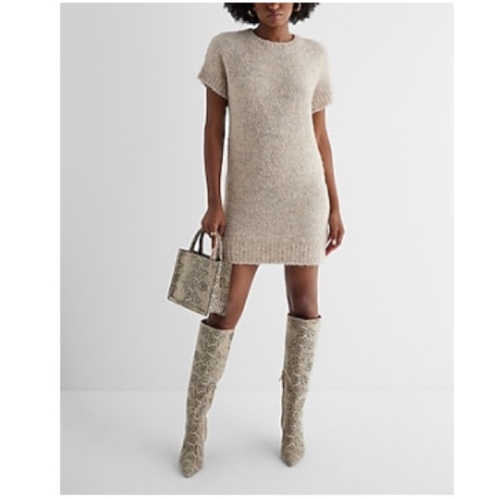 NWT Express Boucle Crew Neck Mini Shift Sweater Dress in Oatmeal- Lg